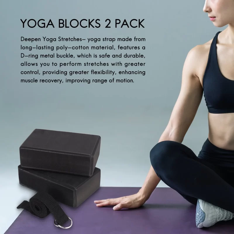 Yoga Block and Yoga Strap Set EVA Foam Soft Non-Slip Yoga Blocks Universal Pilates Stretching and Toning Workouts Black - Image 3