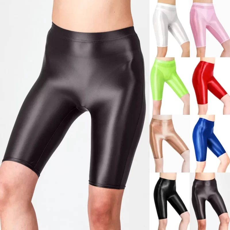 Women Sexy Sheer Shiny Thermal Glossy Elastic Wet Soft Solid Seamless Stretchy Oil Leggings Soft Yoga Shorts Lounge Female Pants - Image 6