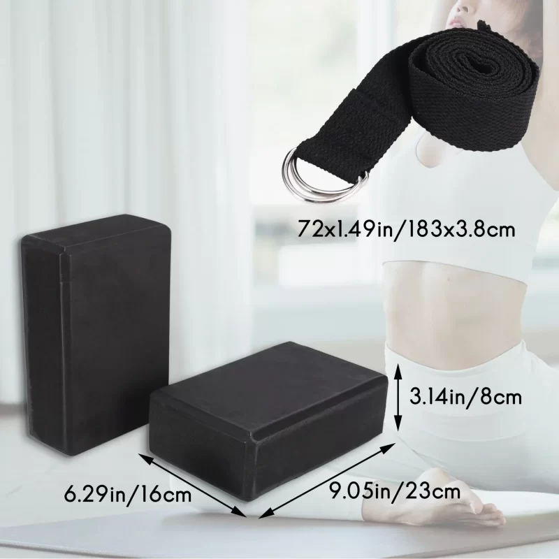 Yoga Block and Yoga Strap Set EVA Foam Soft Non-Slip Yoga Blocks Universal Pilates Stretching and Toning Workouts Black - Image 6